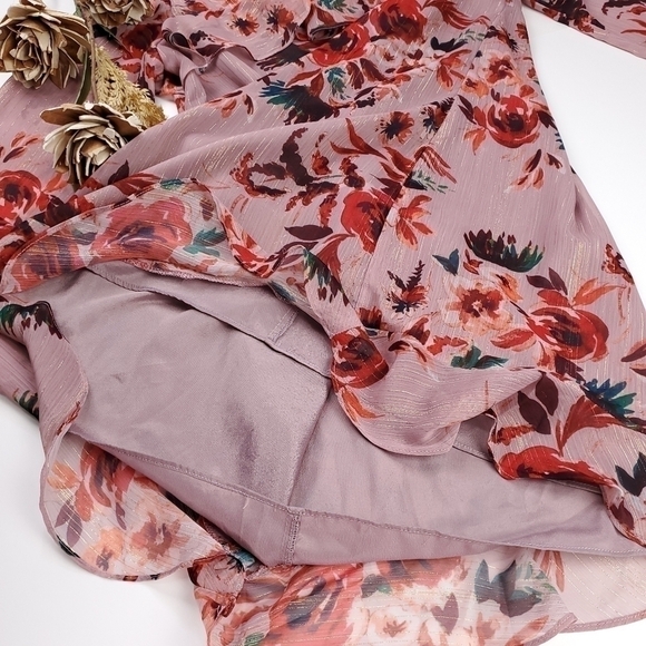 New Lovers + Friends Pink Floral Gold Metallic Stripe Sheer Ruff… - Picture 6 of 16